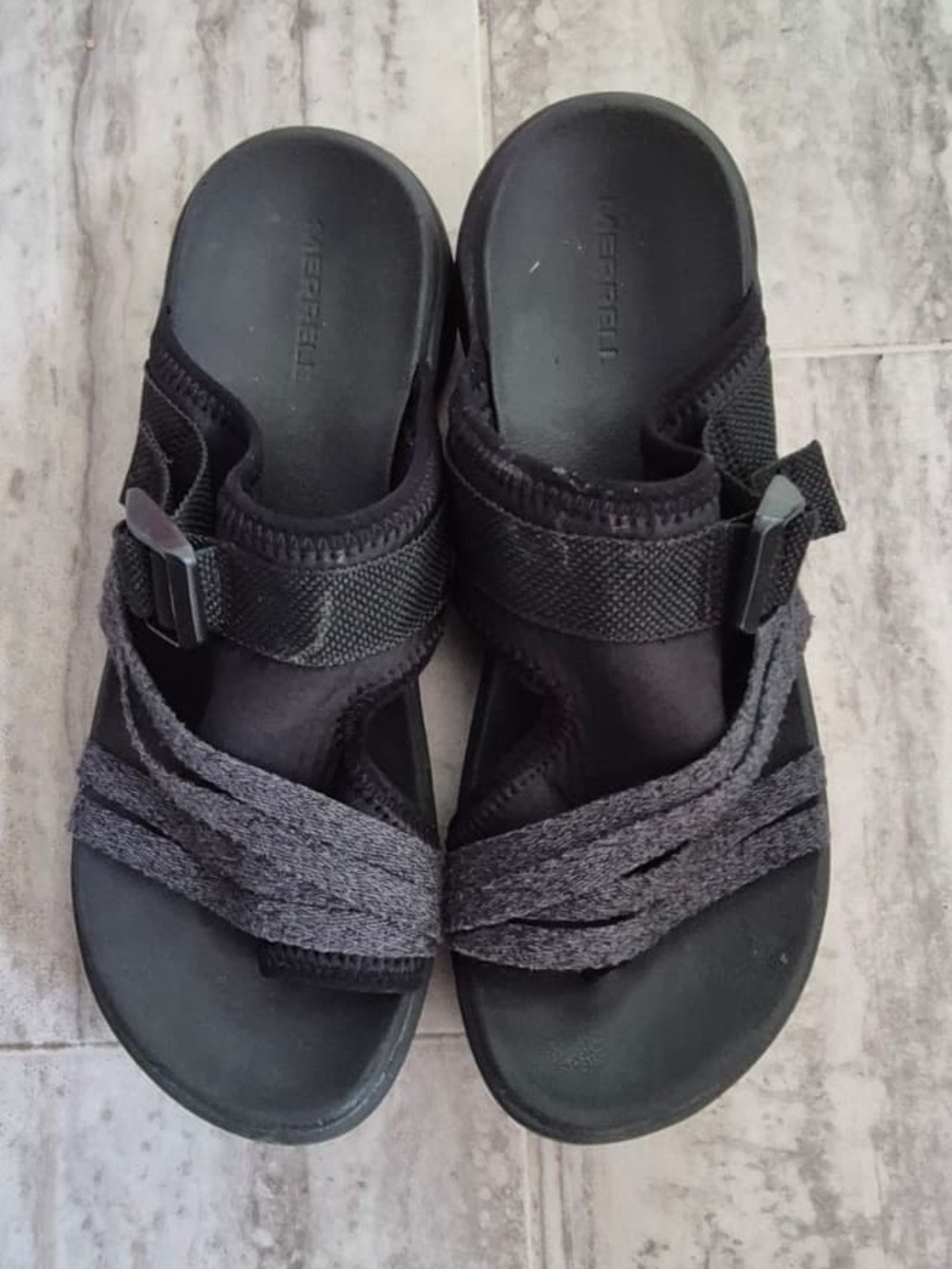 Merrell Black and Charcoal Adjustable Strap Slide Sandals